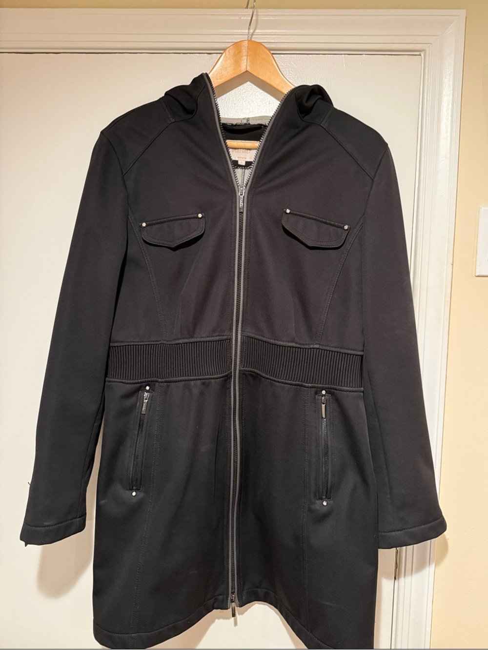 Laundry By Shelli Segal Black Hooded Zip-Front Trench Coat